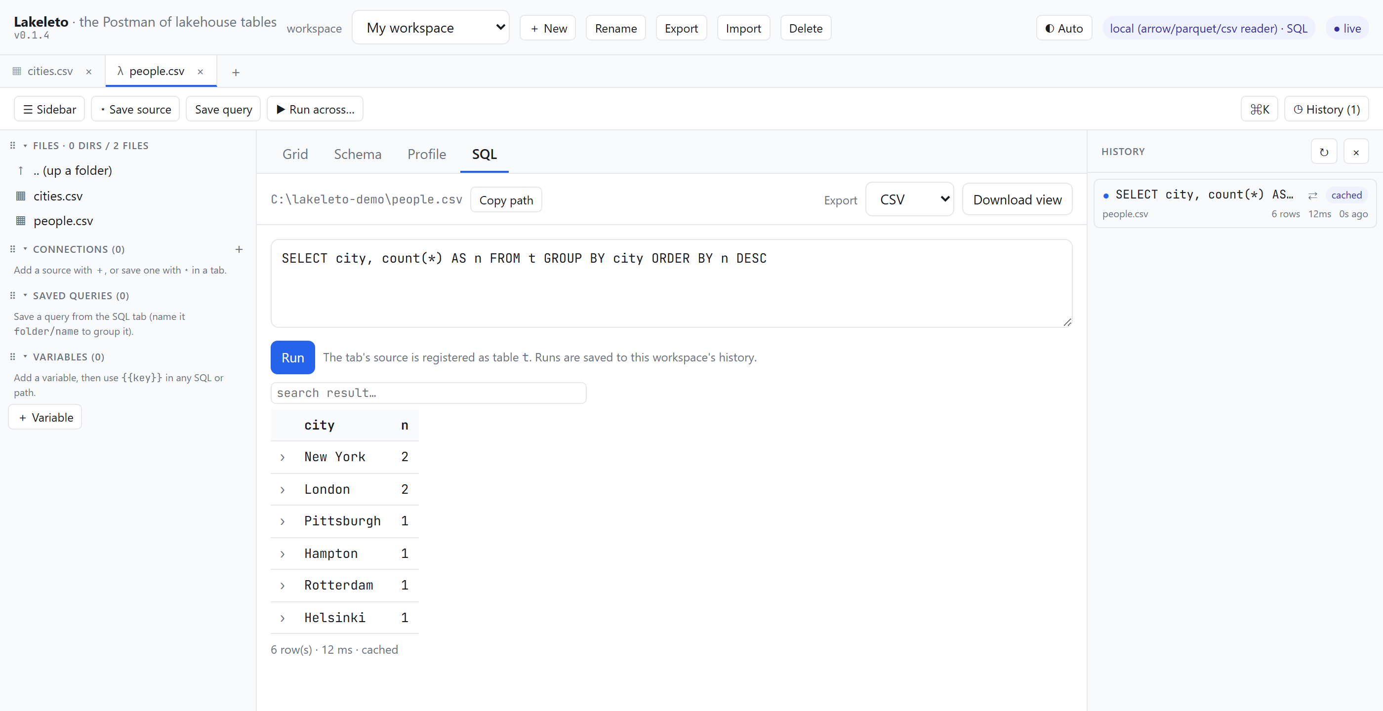 The Lakeleto window: the query SELECT city, count(*) AS n FROM t GROUP BY city ORDER BY n DESC over a local CSV, its six-row result, the file browser on the left and the run history on the right.