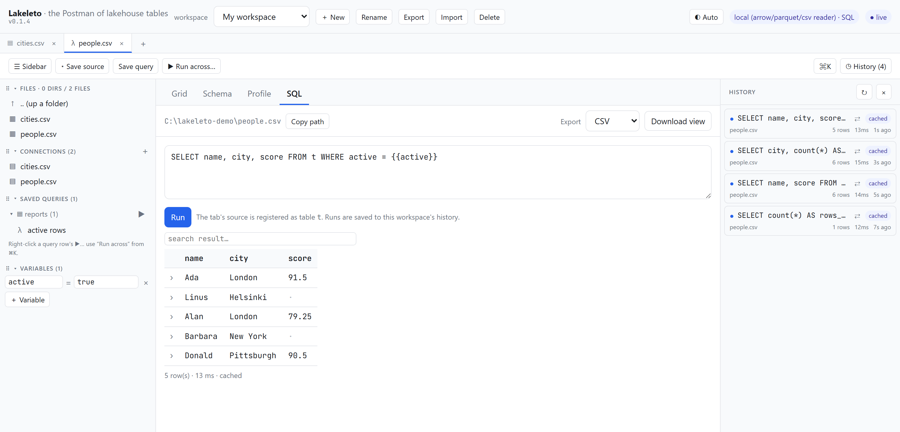The Lakeleto workbench: two saved sources, a saved query filed under a reports folder, a variable named active set to true, and a four-entry run history where every result is marked cached.
